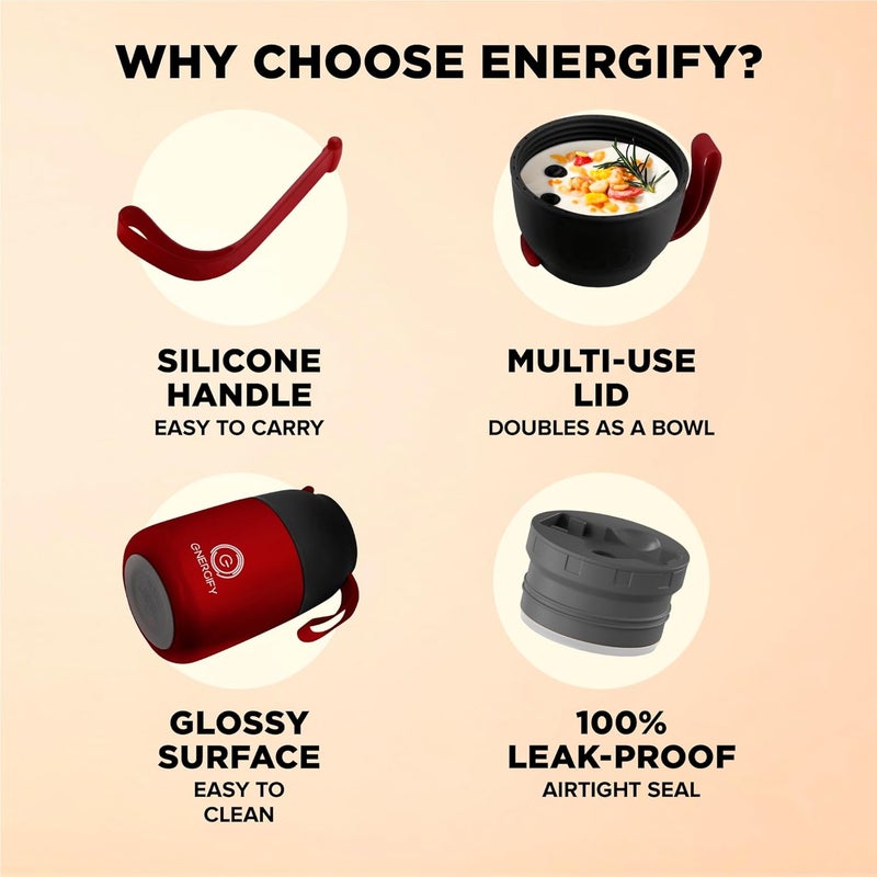 ENERGIFY Vacuum Insulated Food Jar. Large 17oz Bowl incl. Folding Spoon, Cup. Wide Mouth Keep Hot & Cold Drinks Soup Lunch Container for Adults. BPA-Free Stainless Steel, Leak Prooff Radiant red - Image 5